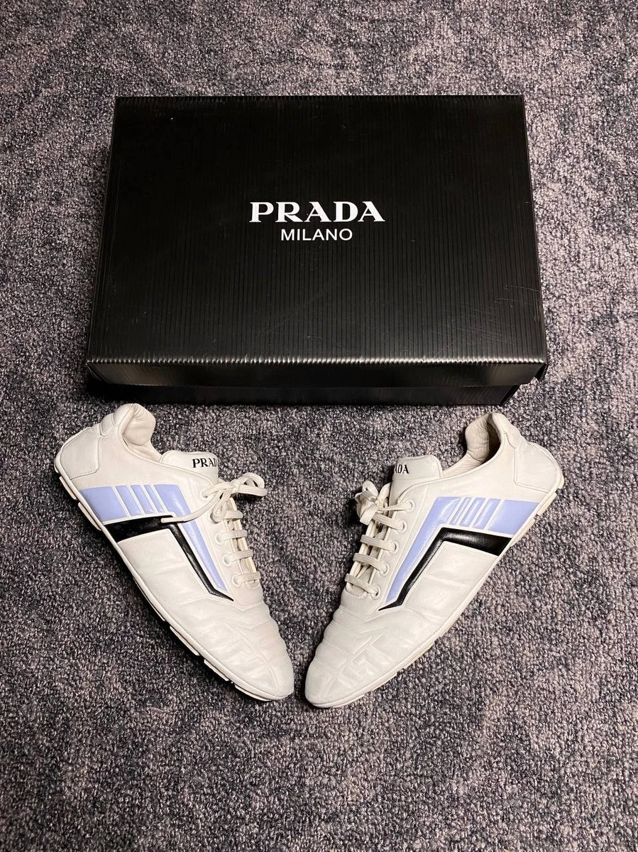 Prada Vitello Soft Leather Sneakers White Blue EU 37 1E505M Receipt Included