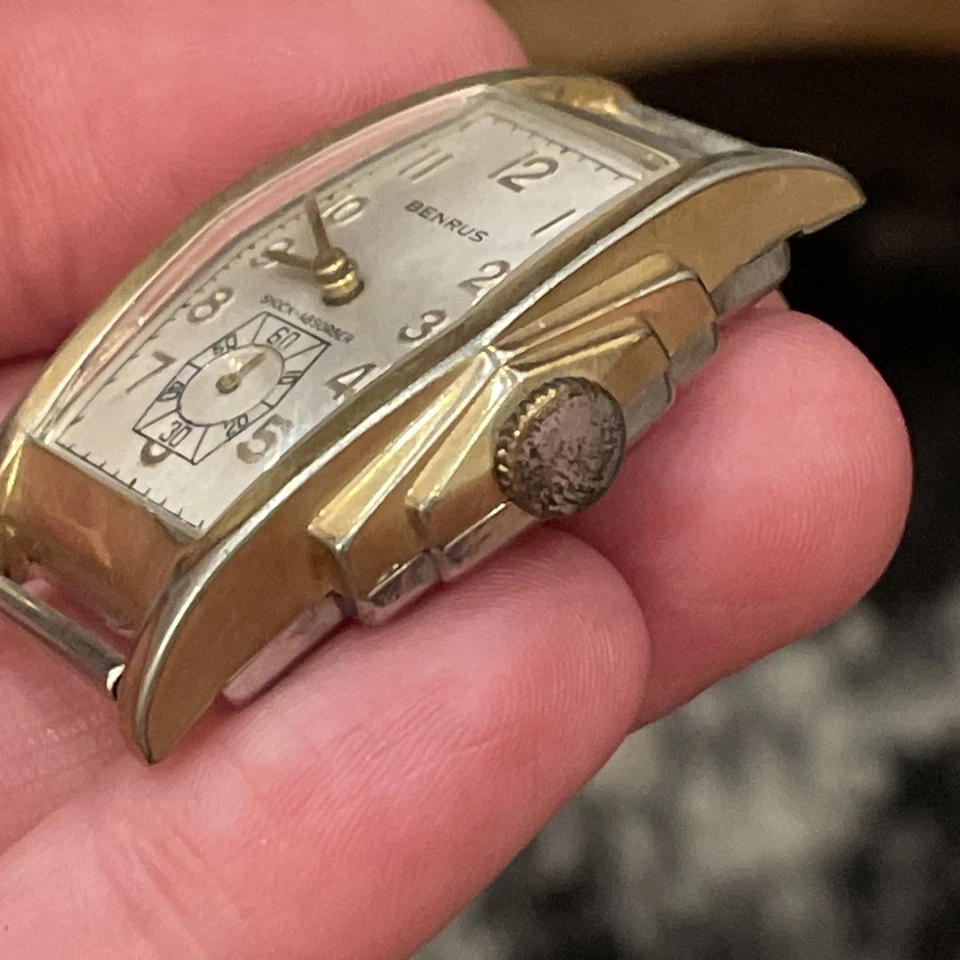 Mid Century Benrus Shock Absorber Model BB3 Gold Filled Step Bezel Tank Watch - Image 2 of 4