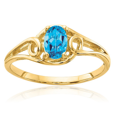 14K Solid Yellow Gold 0.55 ct Blue Topaz Twisted Solitaire Ring 1mm Slim Band