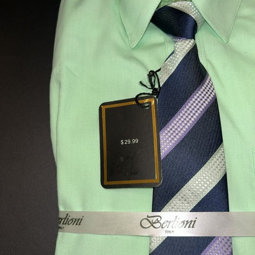 BERLIONI Italy Dress Shirt Toddler Size 4 Green Long Sleeve Tie & Hanky As Is - Picture 3 of 9
