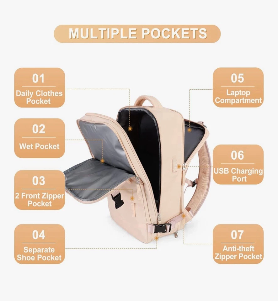 Pink Carry On Backpack Flight Approved Personal Item Travel Backpack For Women - Image 3 of 4