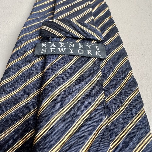 Barneys New York Navy Blue & Gold Silk Striped Classic Men’s Neck Tie Textured