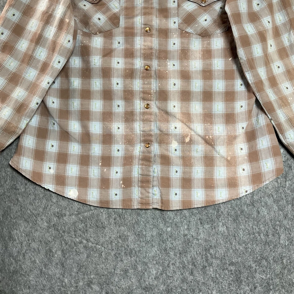 Upcycled Top Shirt Womens Large Brown Check Artsy Bleach Dye Western Cowgirl - Image 4 of 4