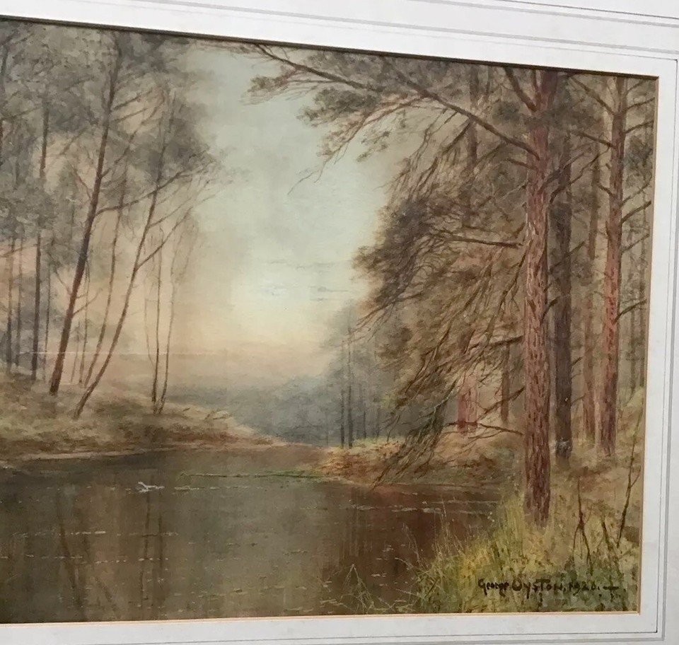Artist Oyston 1926 Framed Watercolour Tranquil Autumn River