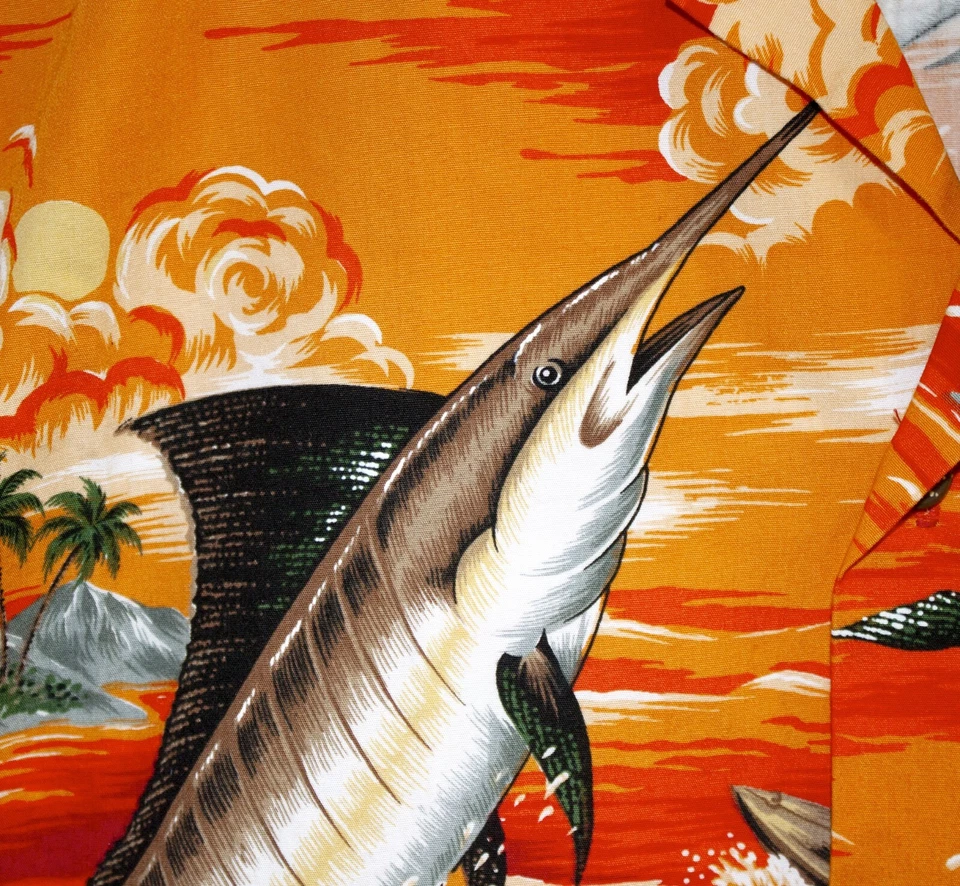 Marlin Swordfish - гавайская рубашка Aloha, сделано на Гавайях - оранжевая, мужской размер L - Изображение 4 из 4