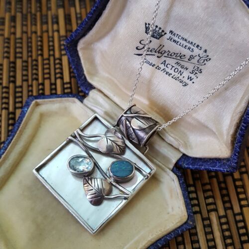 Vintage 925 Sterling Silver Necklace, Australian Opal, Mother Of Pearl Pendant - Picture 5 of 9