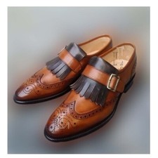 Handmade Men's Dark Brown Black Leather Tasseled Monk Strap Casual Shoes, Sale !