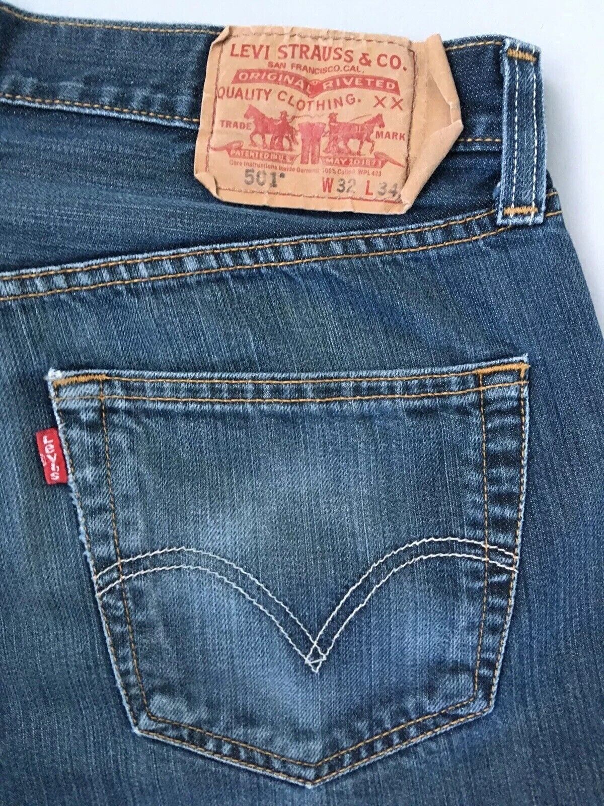 Levis 501 Button Fly W32 L34 Distressed Waistband 33.5” Inseam 34” Jeans  Vintage