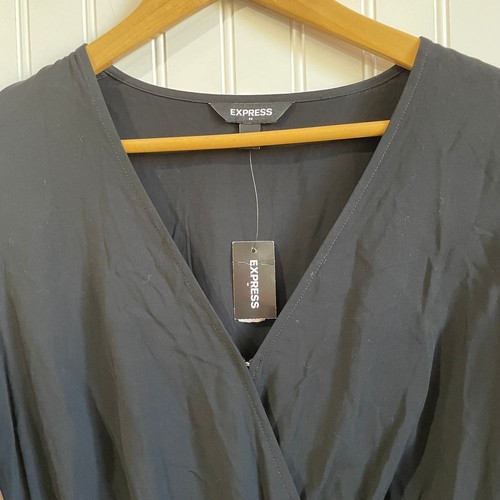 Express Black Wrap Romper Bell Sleeve Drawstring Waist Casual Party XS NWT - Picture 2 of 13