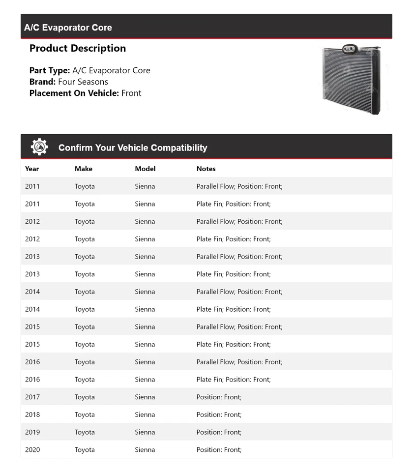 Núcleo evaporador delantero 4 estaciones 2012 2013 2014 para Toyota Sienna 2011-2020 Foto 2 de 4