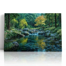 Colorful Forest Stream Canvas Print Wall Art – Lush Waterfall Nature Scene