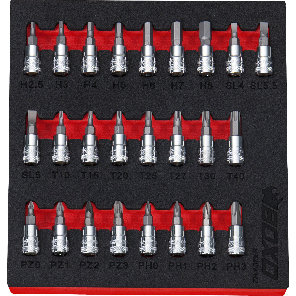 1/4"" Dr Master Bit Set 25Pcs Hex, Torx, Pozi, Flat in Foam Tray BOXO BX309-R2