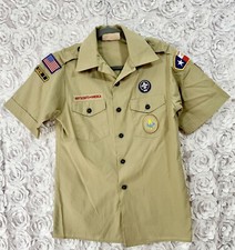 BSA Khaki Uniform Shirt L Youth Patches Short Sleeve Captial Texas Boy Scouts