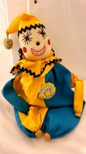 50s / 60s clown doll in gold satiny aqua green sock head clothespin legs  arms