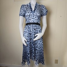 Dolce & Gabbana Silk Chiffon Midi Dress Womens 36 Blue Leopard Short Puff Sleeve