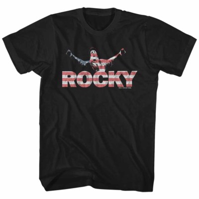 Rocky T-Shirt Distressed Patriotic Logo Black Tee