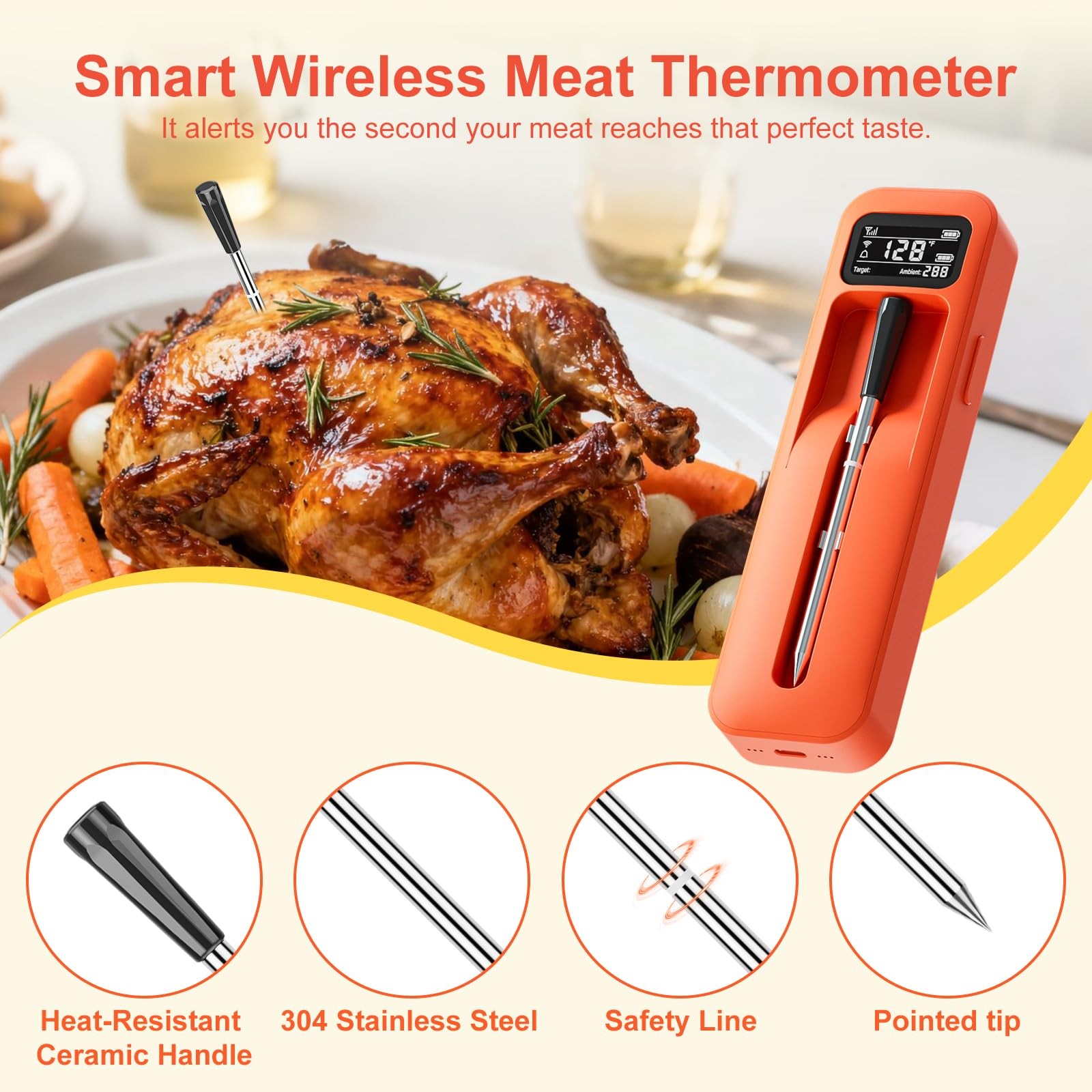 Chicken Display Probe Smart Wireless Meat Thermometer with Ceramic Probe Digital 762882492068 ...