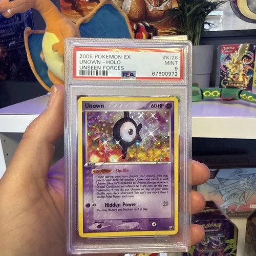 2005 POKEMON EX UNSEEN FORCES #K/28 UNOWN-HOLO PSA 9 swirl
