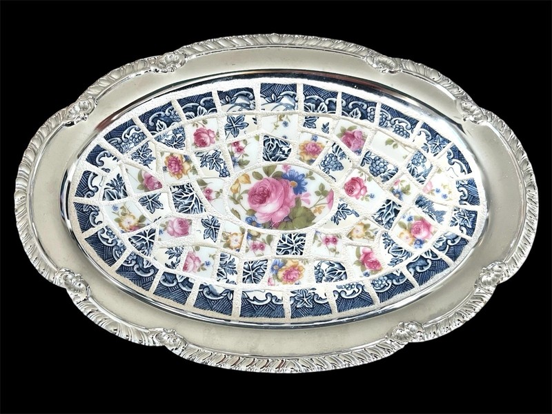 Vintage Silver Plated Tray with Floral Tile And Mosaic Inlay 9.5” X 6.5”
