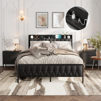 Stylish Black Queen Bed Frame with Faux Leather, Storage & Charging Station