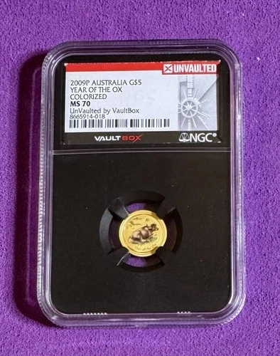 2009P Australia G$5 OX COLORIZED Lunar 1/20 oz Gold Coin NGC MS70 VaultBox🎄🎄