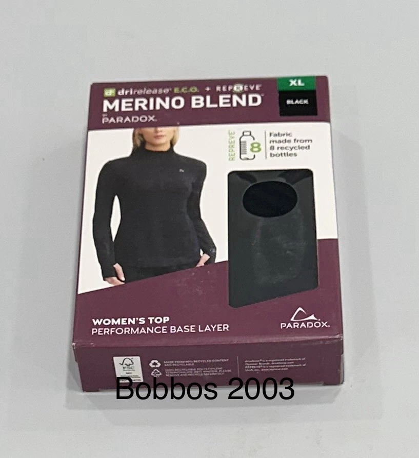 Paradox Women's Merino Blend Performance Base Layer Top, Black, Size XL