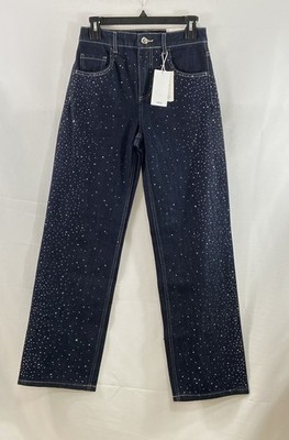 Mango MNG Women's Virgo Blue Rhinestone Embellished Straight Leg Jeans Sz 4 NWT