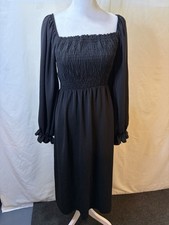 New Look ASOS Women’s Black Midi Smocked Long Sleeve Peasant Dress Size 2