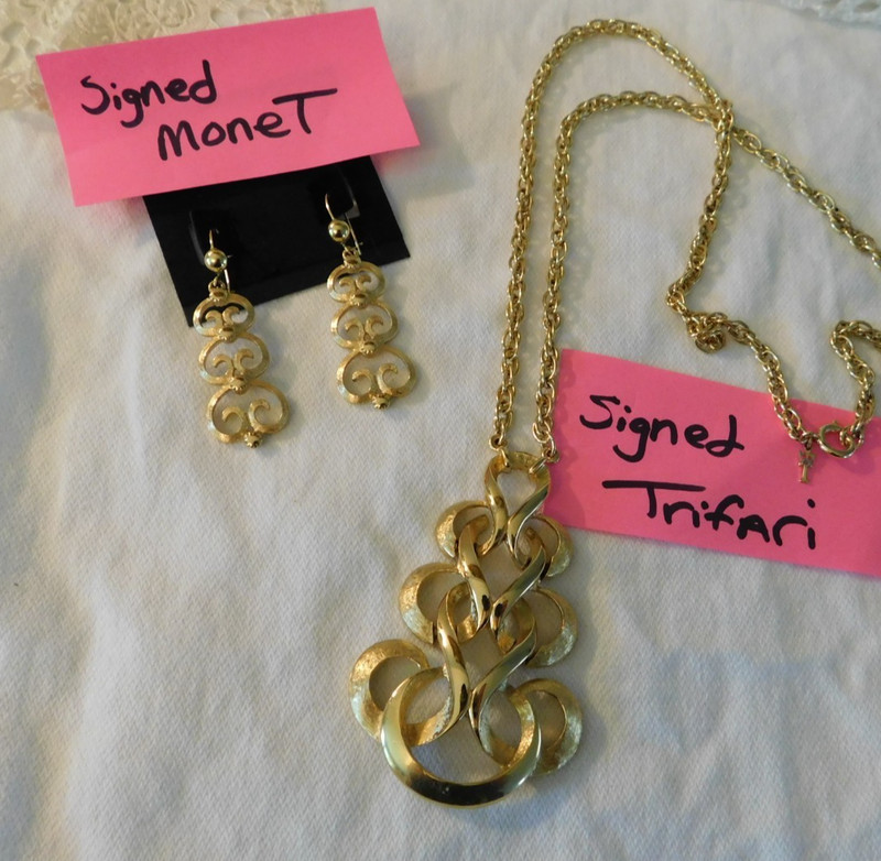 Monet Gold plated Earrings and Trifari Gold Plated Pendant Necklace Signed VTG