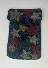 Vtg Neiman Marcus Star Beaded Evening Clutch Phone Case Snap Closure Black Multi