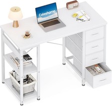 Small Computer Desk with Drawers, 100x40cm Office Desk with Storage Shelves, Rev