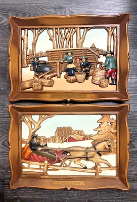 Vtg 3D ART Maple Sugar Time & A Winter Ride Syroco Resin USA 10'' x 14''