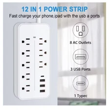 Surge Protector Power Strip- Flat Plug Extension Cord with 8AC Outlets and 3 USB