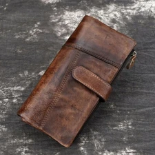 Vintage RFID Men's Long Leather Wallet Card Case Detachable Zipper Pocket