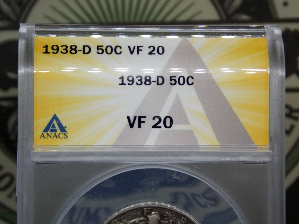 1938 "D" Walking Liberty SILVER Half Dollar 50c ANACS VF20 #466 Very Fine ECC&C - Image 4 of 4