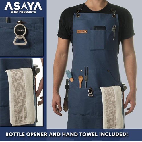 Asaya Chef BBQ and Work Apron with Bottle Opener and Hand Towel - Durable 10oz C - Picture 2 of 6