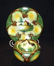 VINTAGE HAND PAINTED 13" PLATE AND COVERED BOWL ITALY