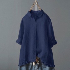 Summer Womens Cotton Linen Tunic Blouse Tops Ladies Short Sleeve Shirt Plus Size