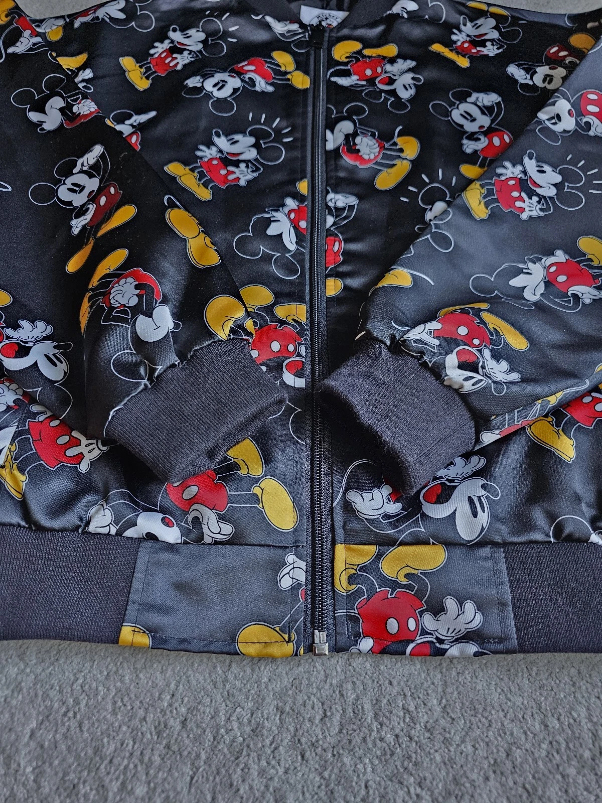 Disney Mickey & Co Bomber Jacket XS Mickey Mouse Print Black Oversized Zippered