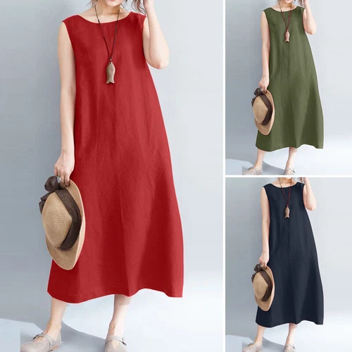 Langes ärmelloses Baumwoll-Leinen-Damenkleid Sommer Strand Freizeit Kaftan Kleid - Bild 1 von 17