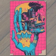 Art Print Blue Skeleton Hand Giant Skull Cartoon Style Vibrant Pink Background