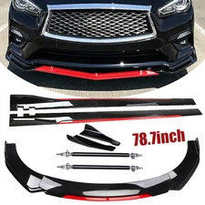 Front Bumper Lip Splitter + Side Skirt Glossy Black +Red For Infiniti Q50 Base