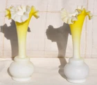PAIR OF (2) VINTAGE YELLOW & WHITE MILK GLASS VASES, RUFFLED TOP, 7 INCHES