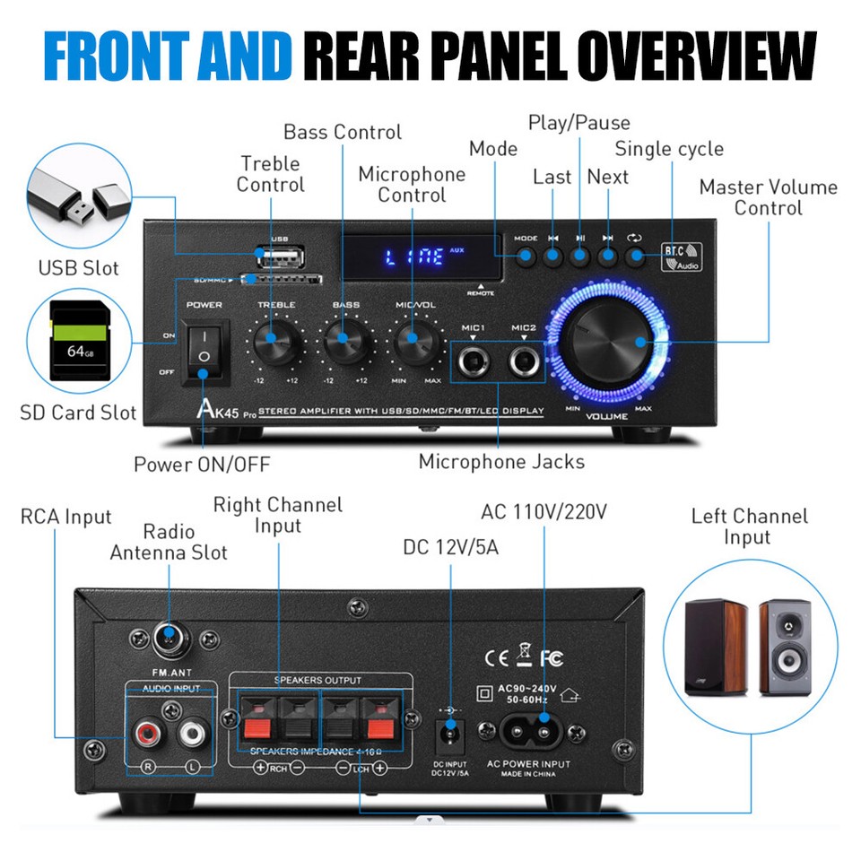 AK45 Mini Bluetooth Power Amplifier Home/Car/Marine Stereo Audio Amp