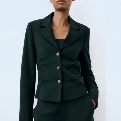 NWT New Zara Fitted Wool Blend Dark Green Blazer Size S | eBay