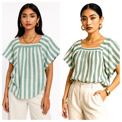 Beachlunchlounge Striped Linen Blend Top Square Neck Green White Sz S Coastal