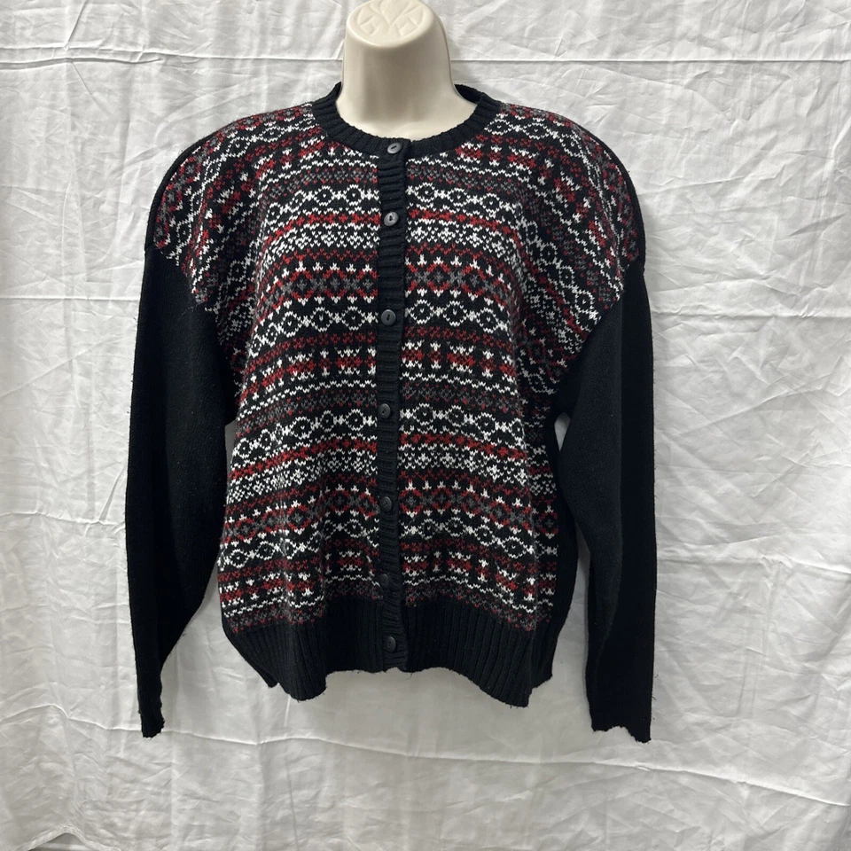 Cárdigan geométrico vintage para mujer grande negro Fair Isle suéter casa de campo EE. UU. Foto 2 de 4