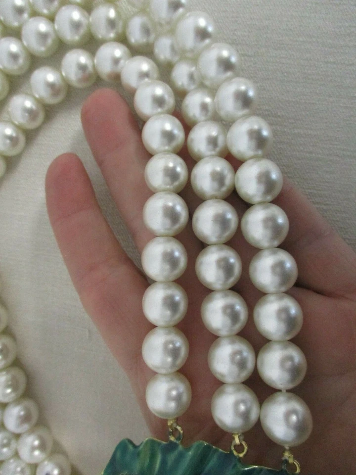 ПОТРЯСАЮЩИЙ 3 ПРЯДЬ ИСКУССТВЕННОГО ЖЕМЧУГА w эмали лист взлетно-посадочной полосы заявление ожерелье - Изображение 4 из 4