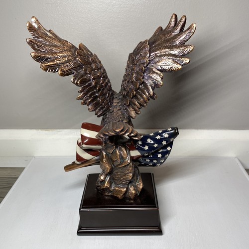 Bronzed Resin Bald Eagle & American Flag 10” Figurine Sculpture w/ Wooden Base - Picture 10 of 20