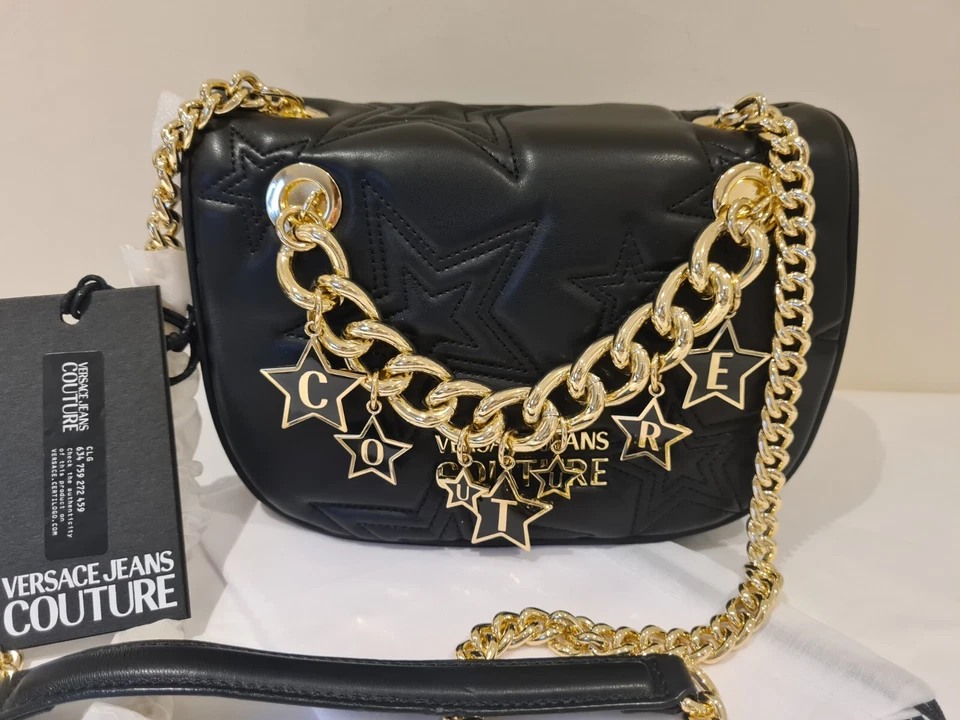 Versace Jeans Stars Couture Umhängetasche Schwarz Gesteppt Kettenriemen Neu - Bild 4 von 4